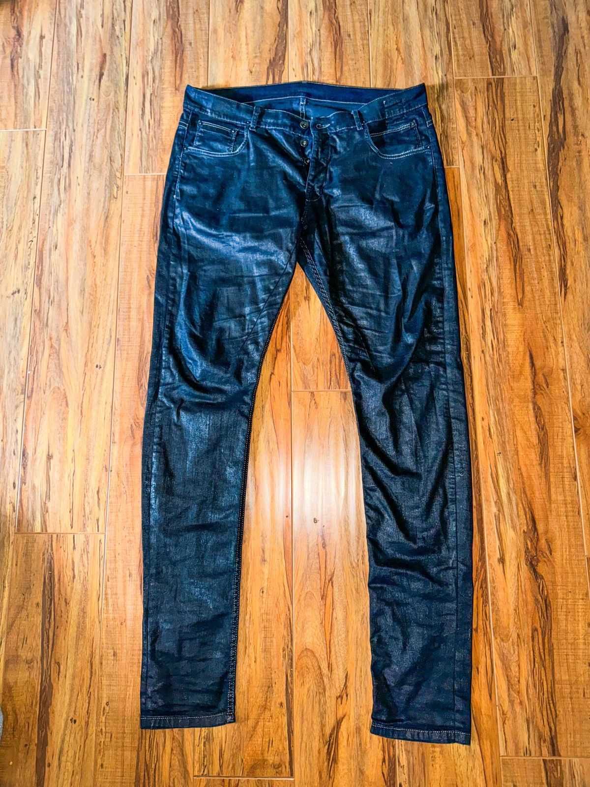 Rick Owens SS15 Wax Denim Black Scrub Detroit Cut Denim Jeans | Grailed