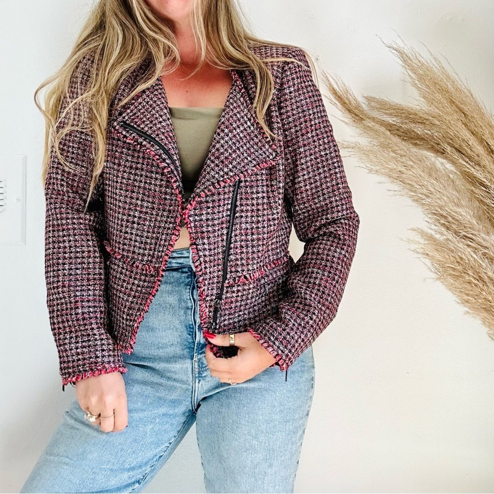 WHBM Pink Black Red Tweed Ruffle Fringe Moto Blazer Jacket