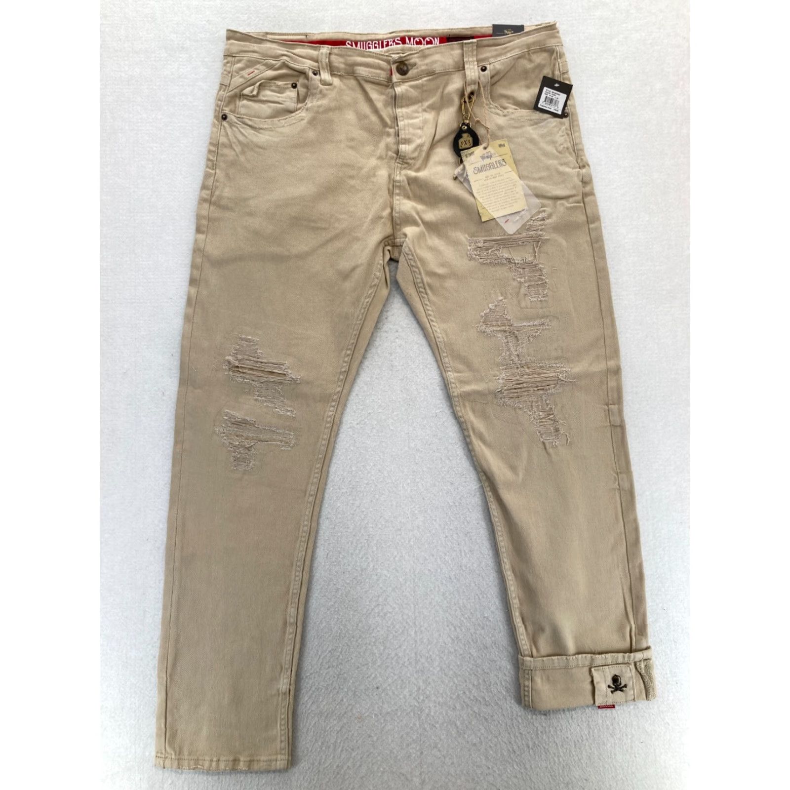Denime Smugglers Moon Jeans Mens 42x33 Khaki Beige Denim Button Fly Roll Up Distressed Jeans Distressed Casual Slim 5-Pocket Denim Skull Logo Men Size US 42 / EU 58 - 2 Thumbnail