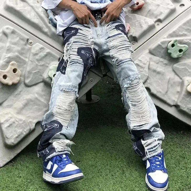Japanese Brand Spring Autumn Men's Pants Scraped Patchwork Embroidery Denim Size US 32 / EU 48 - 2 Thumbnail