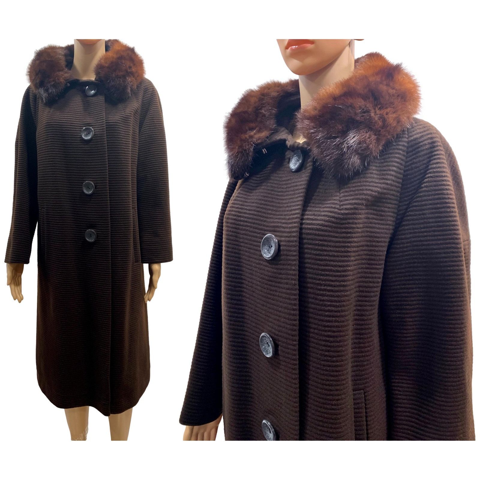 Vintage 60s Brown Ribbed Wool Coat w Mink Collar | Small Size S / US 4 / IT 40 - 3 Thumbnail