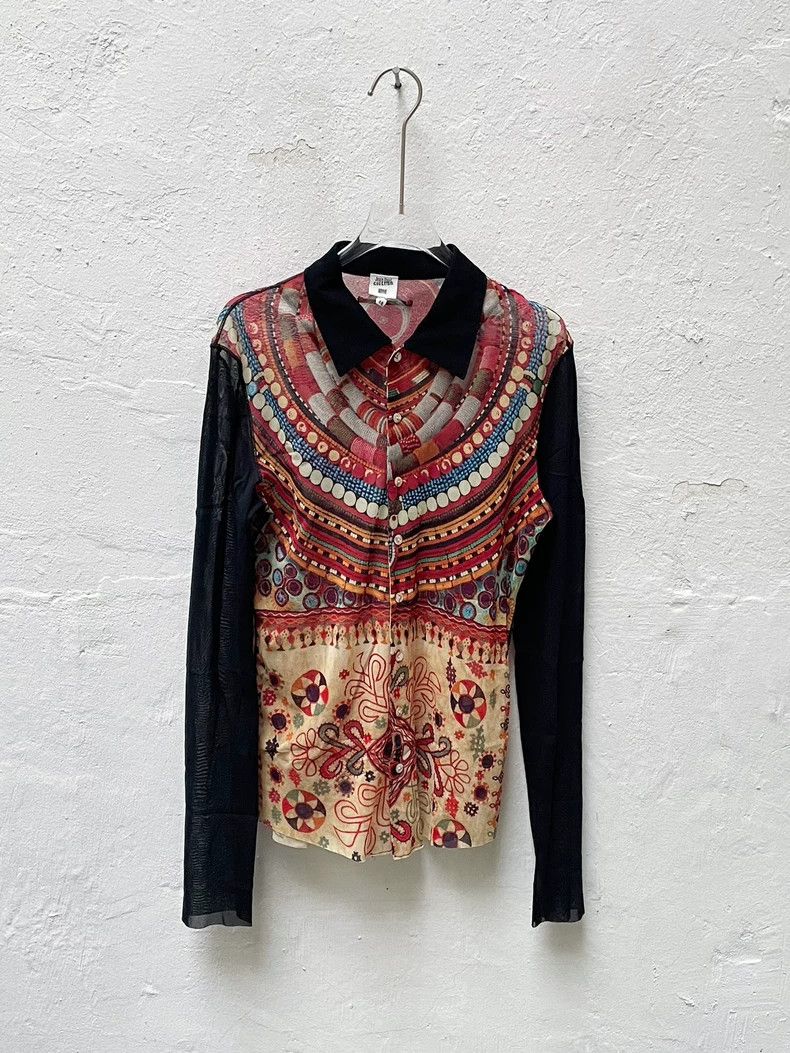 Jean Paul Gaultier／ shirt／ethnic 90s Jean Paul Gaultier Mesh Shirt Long Sleeve Sheer Stained
