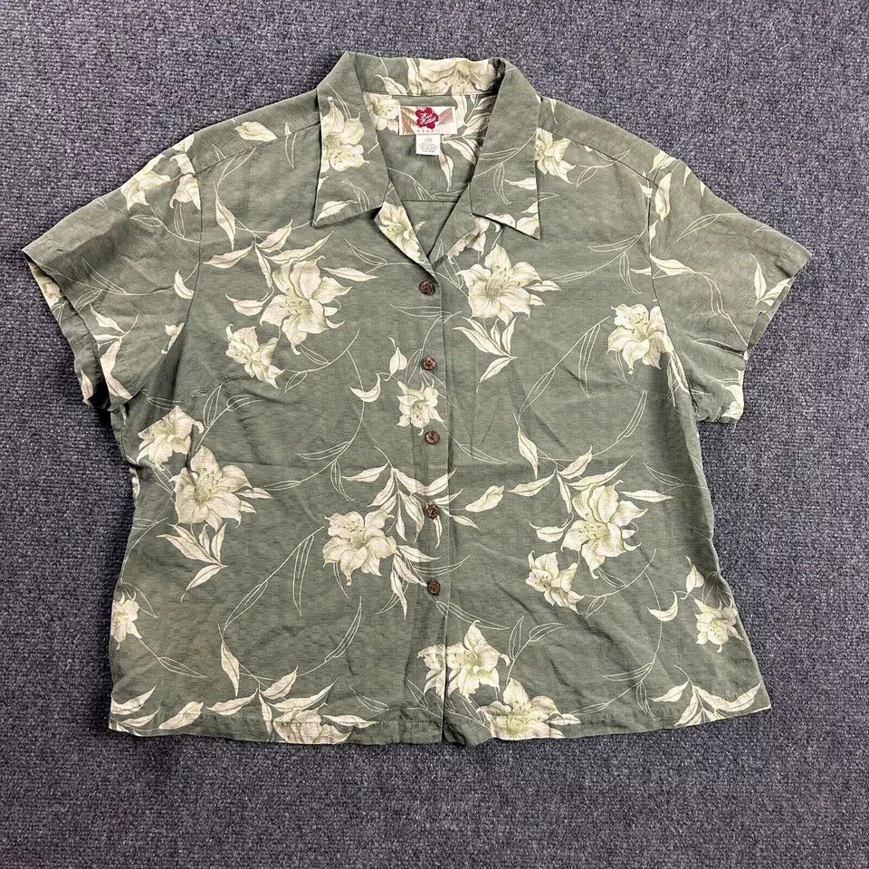 Hilo Hattie Hito Hattie Hawaiian Shirt Womens 16 Green Floral 100% Silk Size XXL / US 16-18 / IT 52-54 - 1 Thumbnail