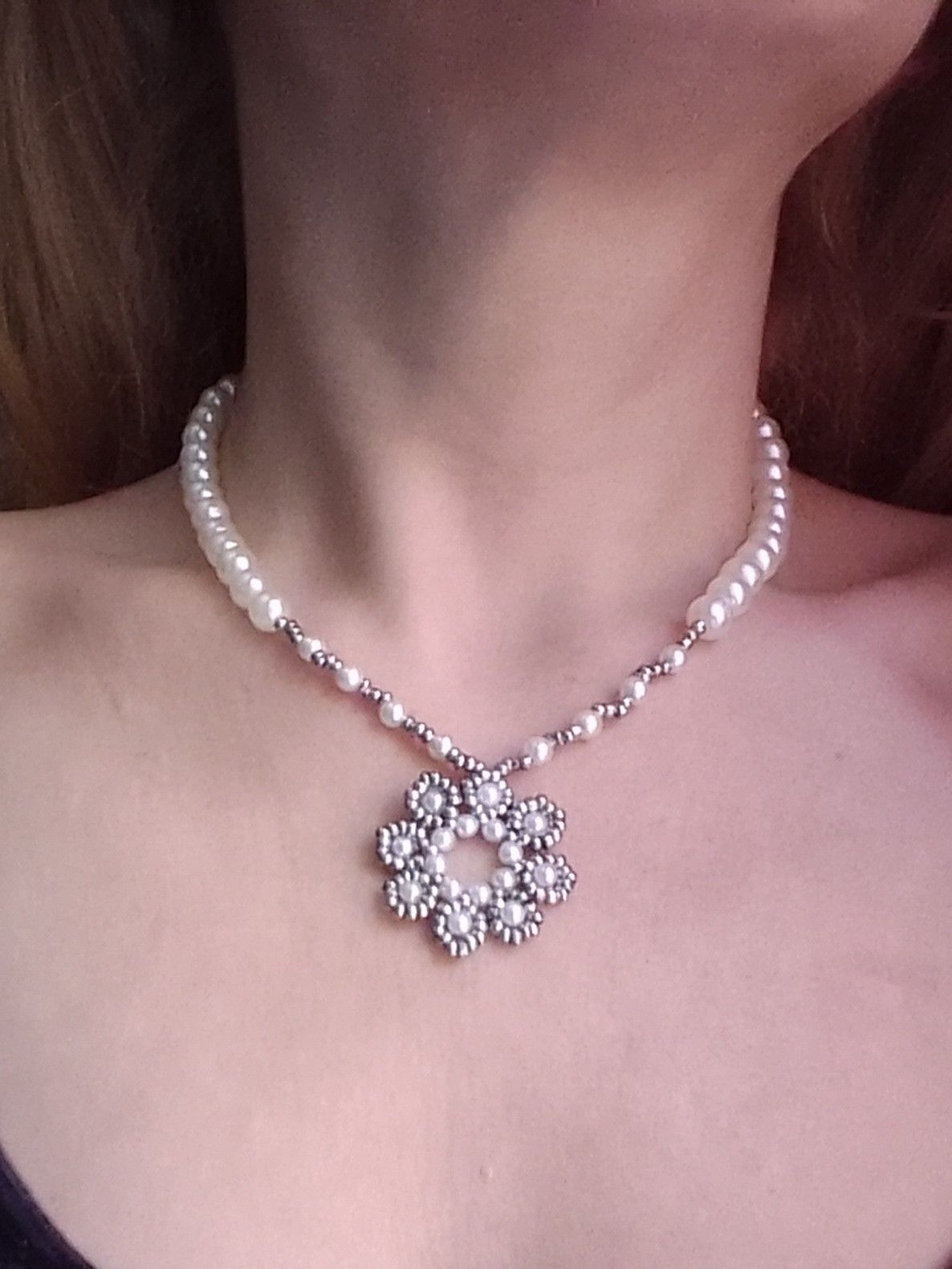 Handmade Necklace Pearls Flower Beaded Pendant Elegant Size ONE SIZE - 6 Thumbnail
