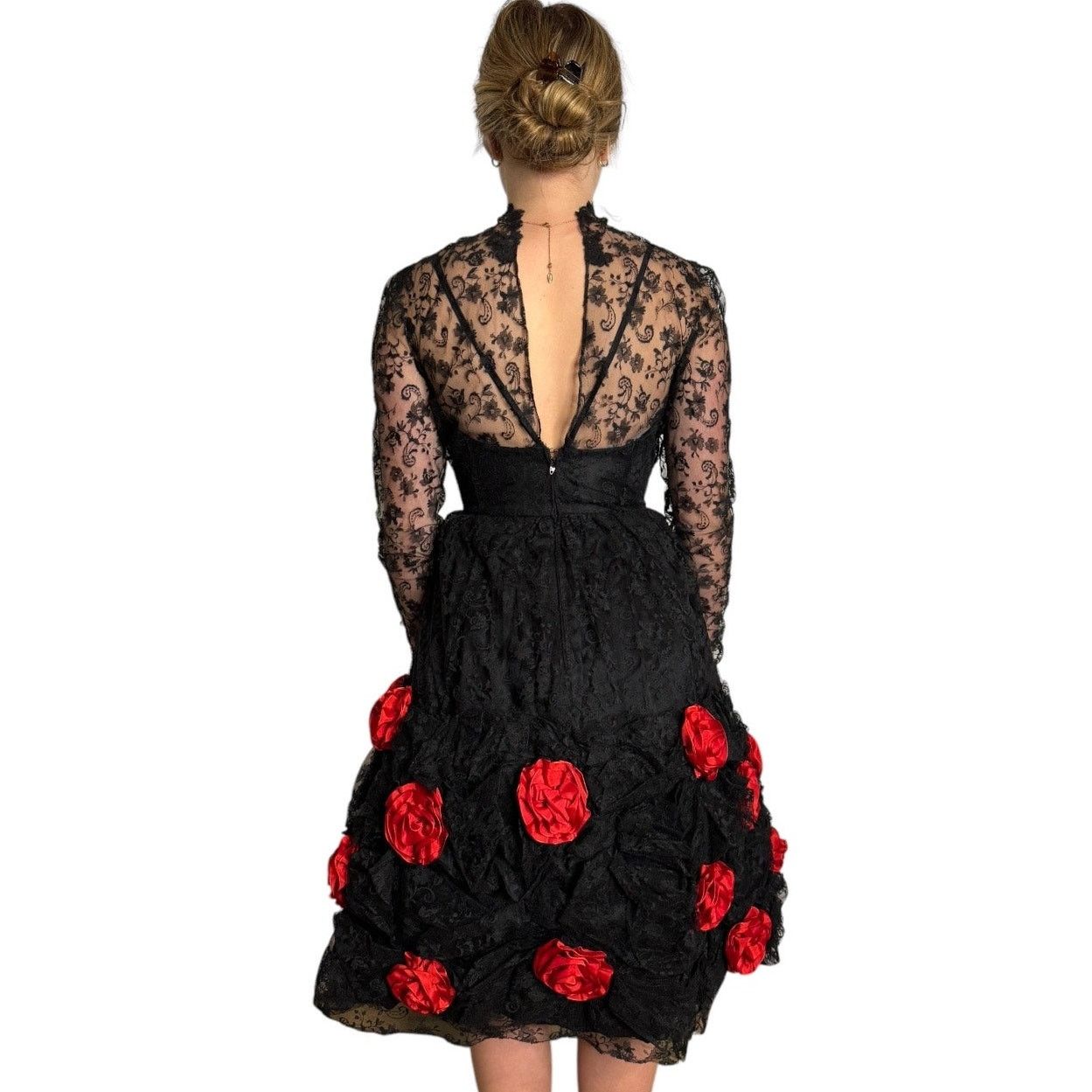 Vintage Vtg An original by DUSAUZAY black Lace Red Roses dress Size XS / US 0-2 / IT 36-38 - 6 Thumbnail