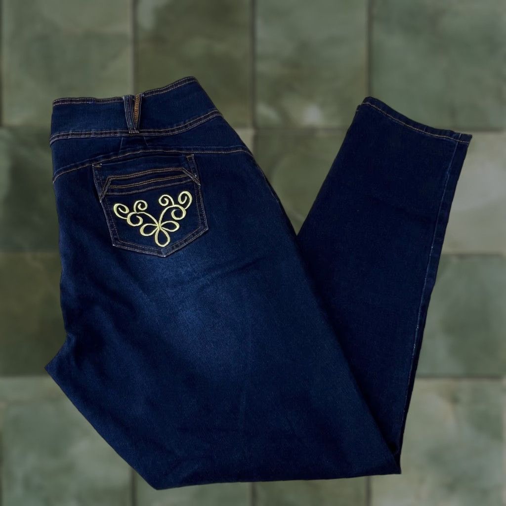 Vintage QQMY Womens Dark Wash Mid Rise Embroidered Pocket Juniors Jeans Size 21/22 Blue Cotton Blend Size 42" / US 20 - 1 Thumbnail