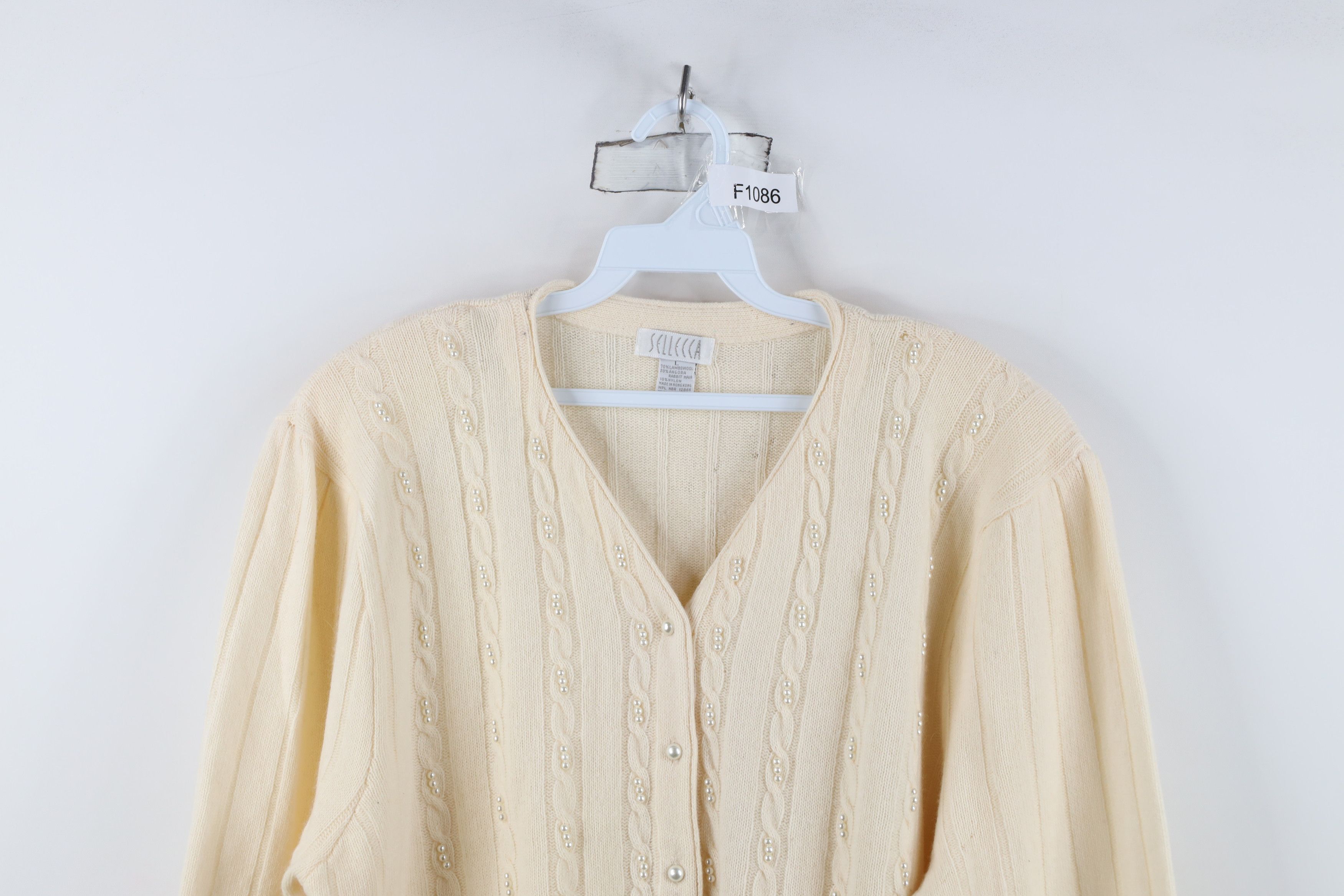 Vintage Vintage 90s Lambswool Angora Knit Cardigan Sweater Cream Size L / US 10 / IT 46 - 2 Thumbnail