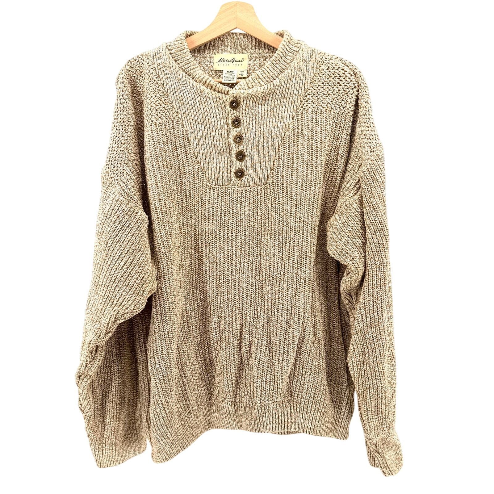Vintage 90s Tan 100% Cotton Henley Marled Knit Sweater