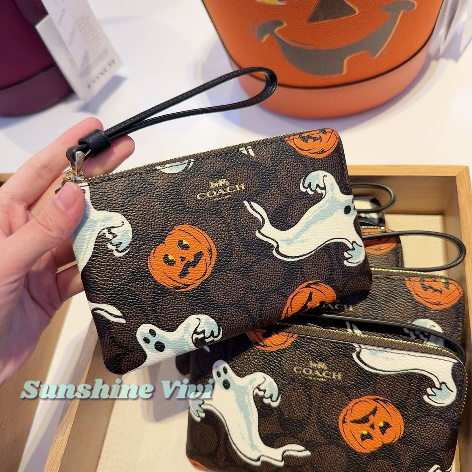 NWT COACH 2025 Corner Zip Wristlet Halloween CCL21 Walnut