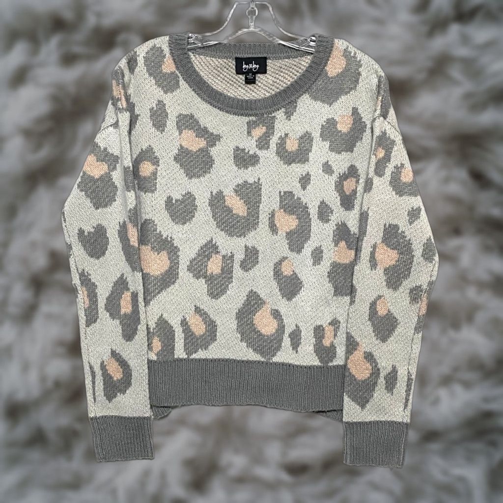 Vintage By&By Animal Print Crop Sweater Acrylic Gray Pink Leopard Cheetah Womens M Pullover Long Sleeve Knit Shirt Size M / US 6-8 / IT 42-44 - 1 Thumbnail