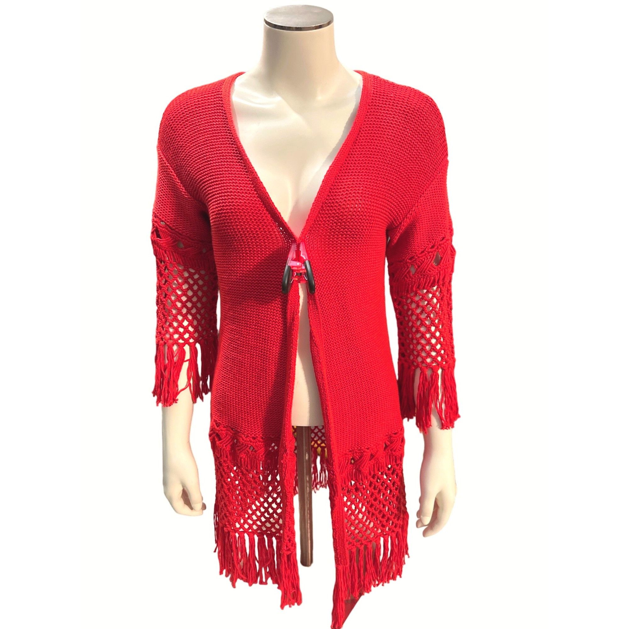 Other 600 West Rust Red Boho Fringe Cardigan Open Knit Sweater Cro Size M / US 6-8 / IT 42-44 - 2 Thumbnail