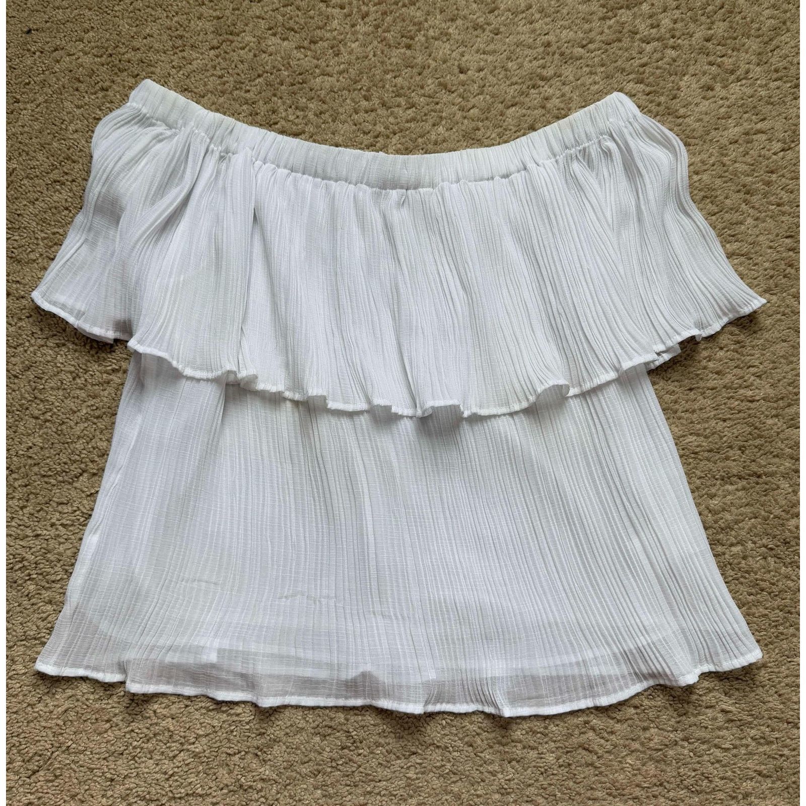 Express Express Pleated Sheer Off The Shoulder Peplum Top White Size M / US 6-8 / IT 42-44 - 2 Thumbnail