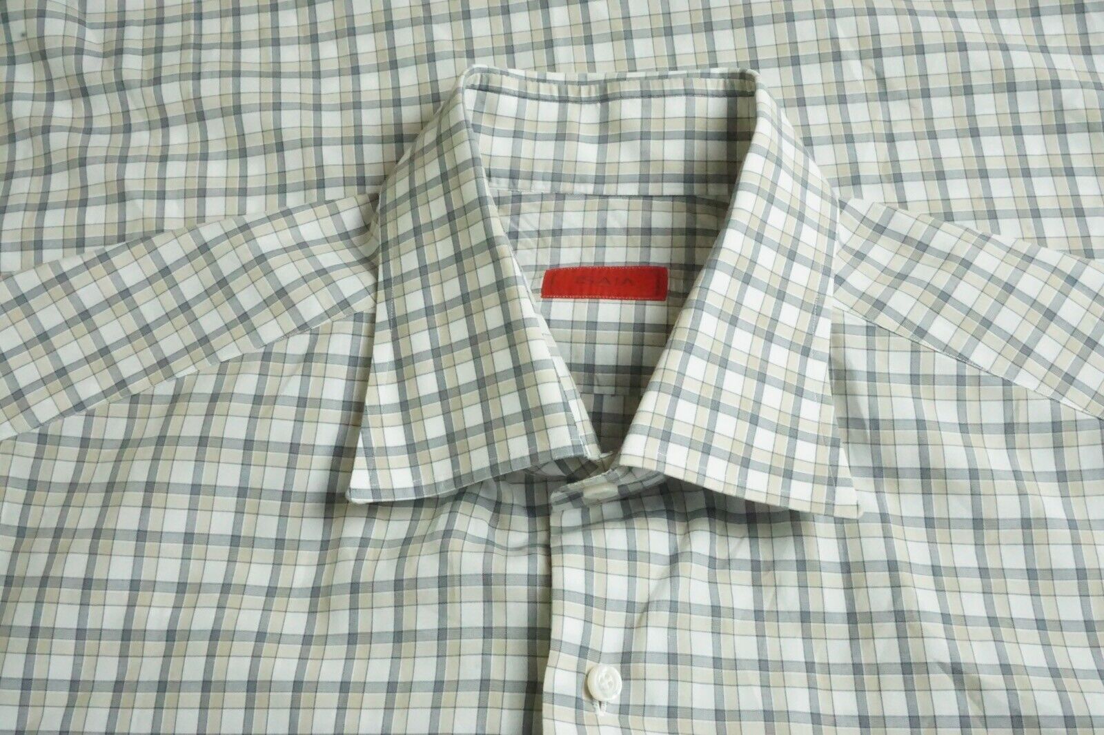 Isaia White Beige Gray Plaid Spread Collar Cotton Dress Shir