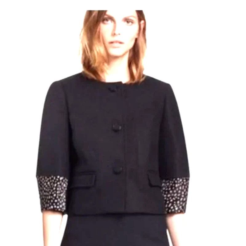 image of Tory Burch Peggy Calf Half Trimmed Wool Blend Jacket Black, Women's (Size XL)