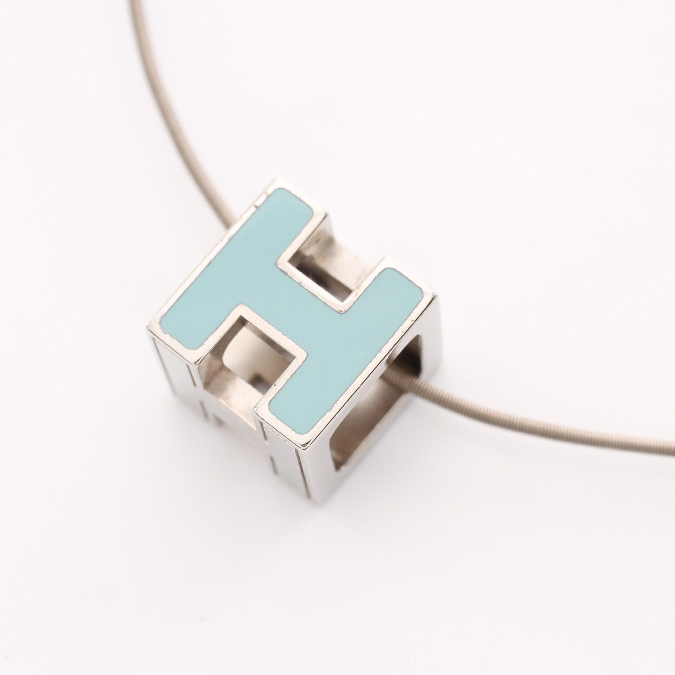 image of Hermes Cage D'h Ash H-Cube Necklace Silver Light Blue, Women's
