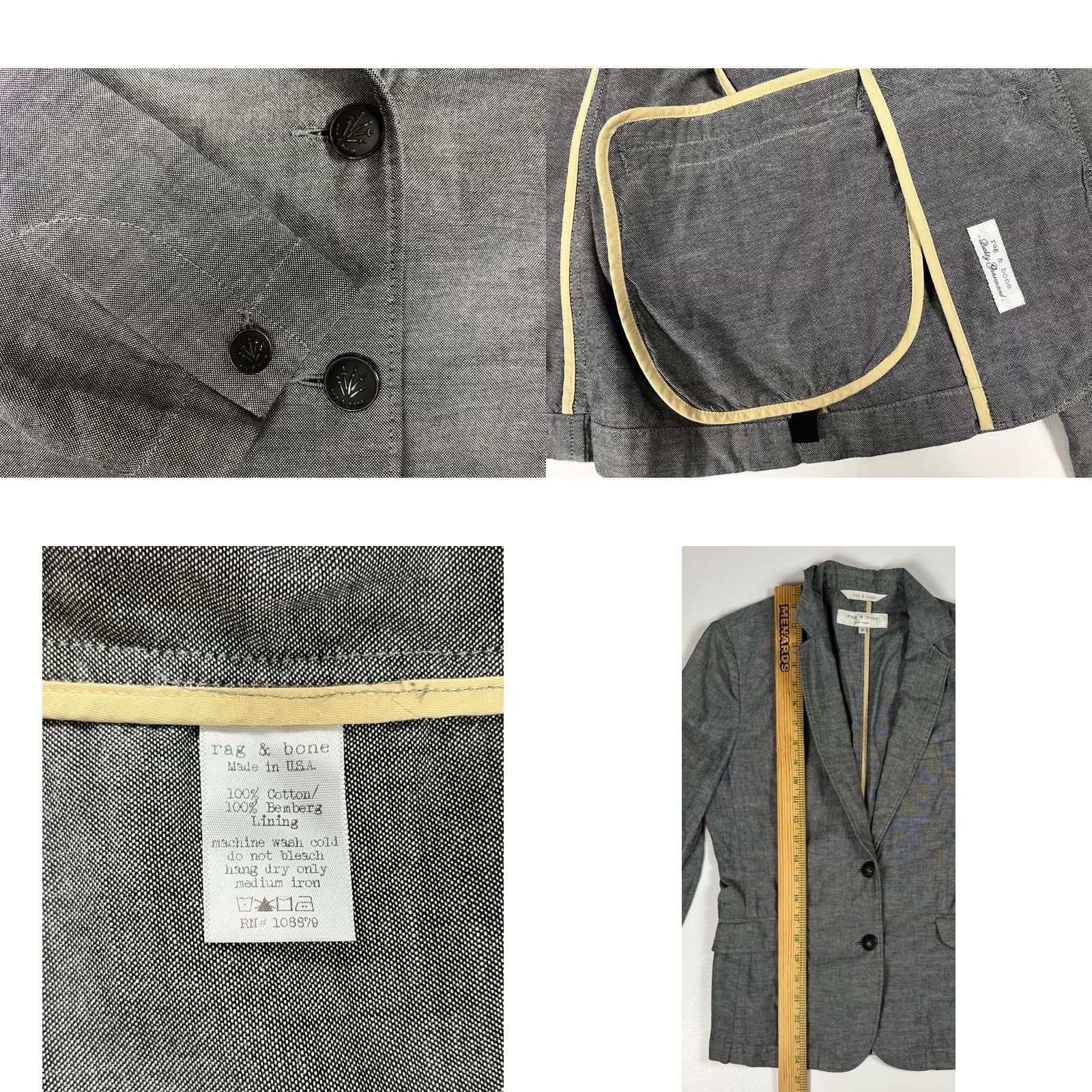 Rag & Bone VINTAGE rag & bone Blazer Jacket Women’s 4 Gray Cotton Button Long Sleeve Mid-Length Casual, Business, City, Classic, Designer Womens Size S / US 4 / IT 40 - 8 Thumbnail