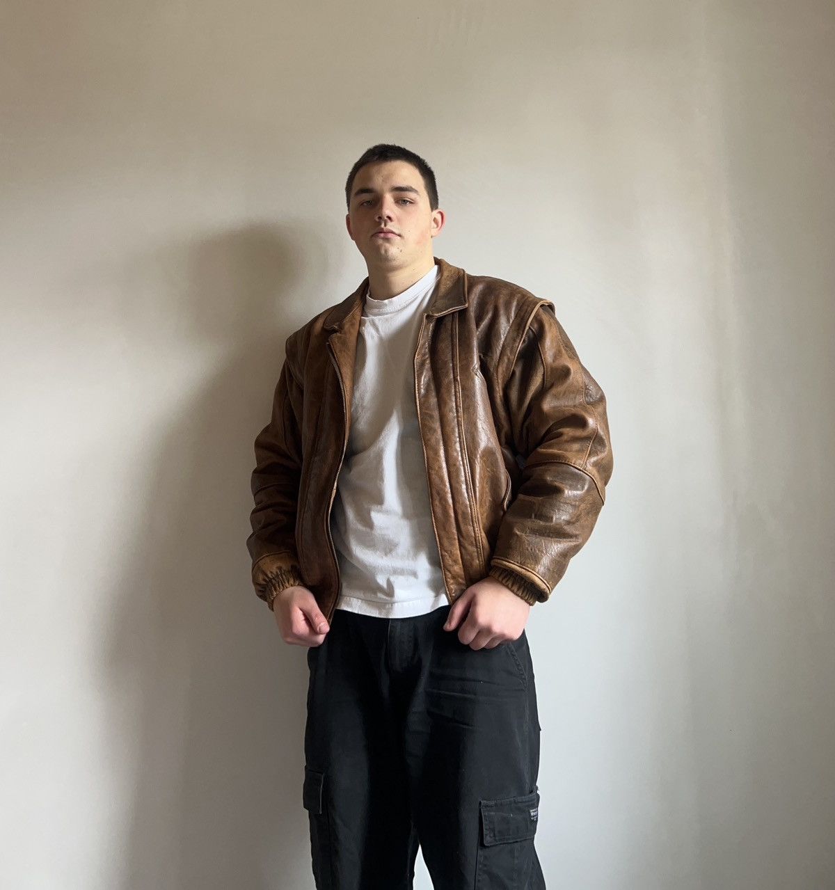 image of Leather Jacket x Vintage Leather Biker Jacket Transformers Mens Y2K in Brown (Size Medium)