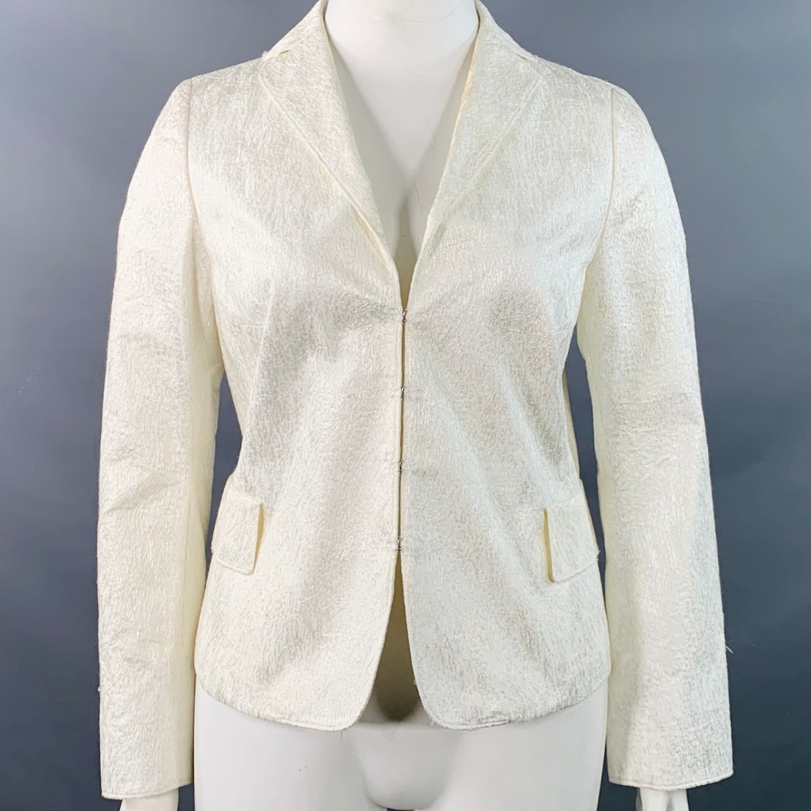 14 Cream Cotton Blend Scribble Stitch Hook Eye Jacket Blazer
