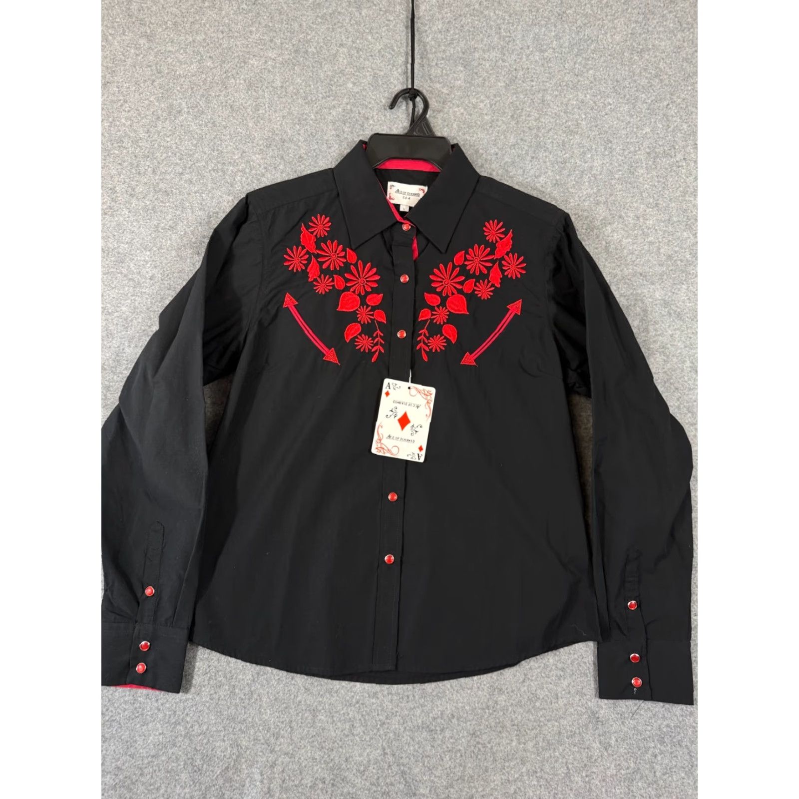 Vintage Ace of Diamond Western Shirt Womens L Black Floral Embroidered Pearl Snap NWT Size L / US 10 / IT 46 - 3 Thumbnail