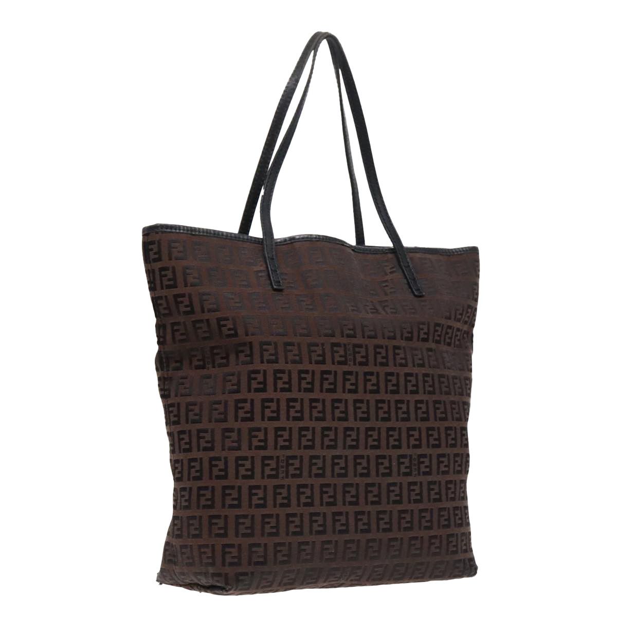 FENDI Zucchino Canvas Tote Bag Brown Black Silver Auth fm3814 Bags Luggage