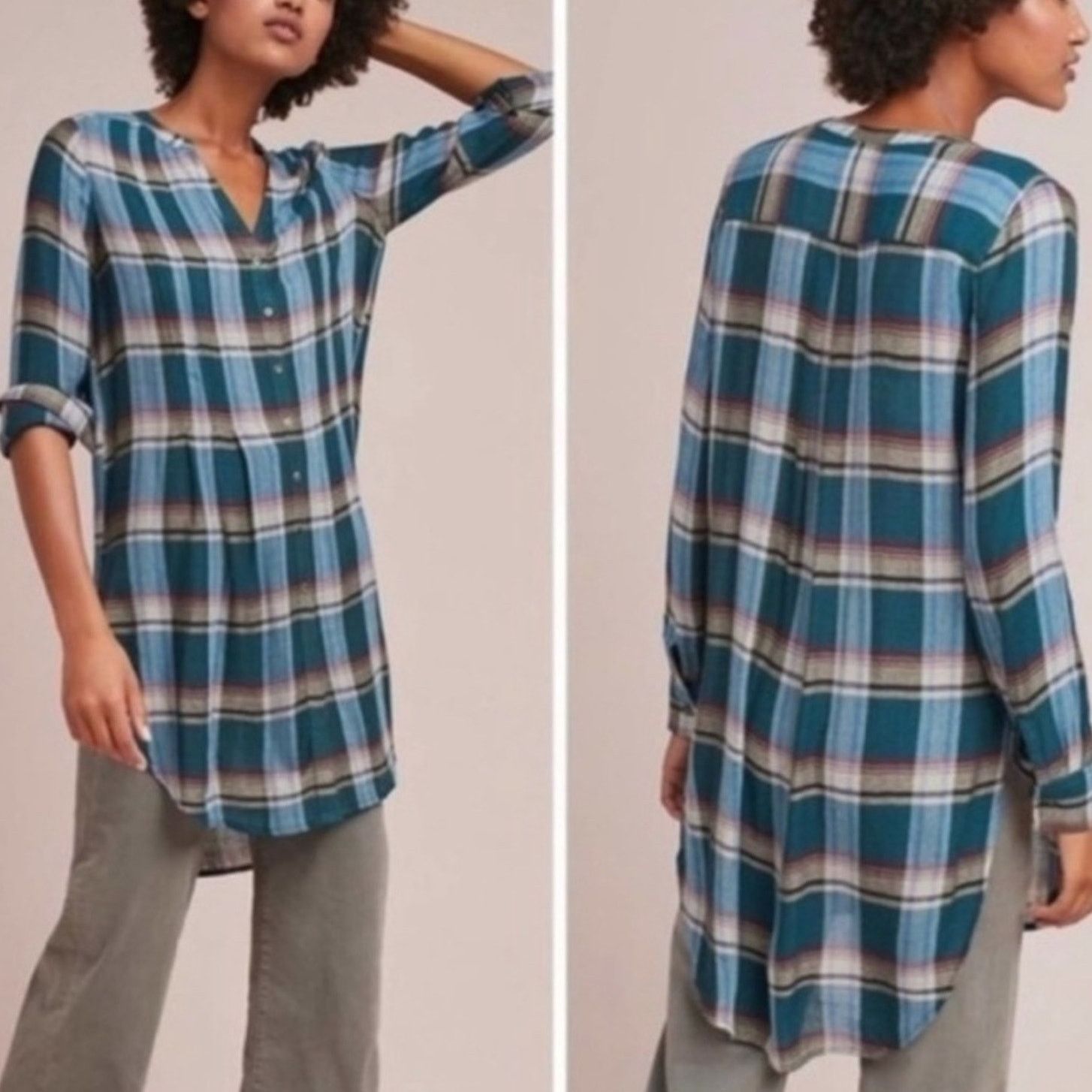 Anthropologie Akemi + Kin Lucie Flannel Plaid Tunic Shirt, EUC, Small Size S / US 4 / IT 40 - 2 Thumbnail