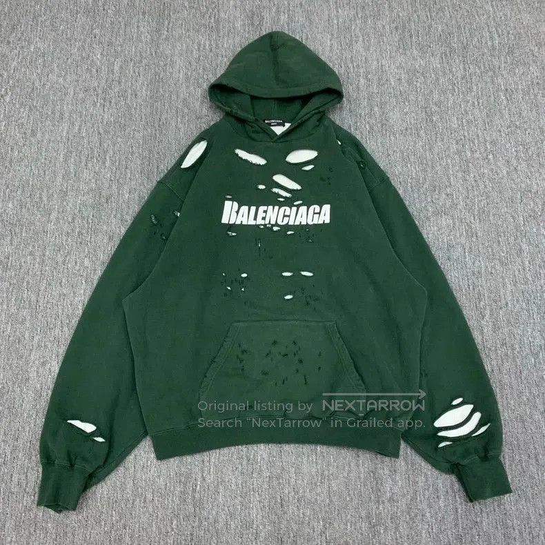 Balenciaga Green Distressed Hoodie Sweatshirt.