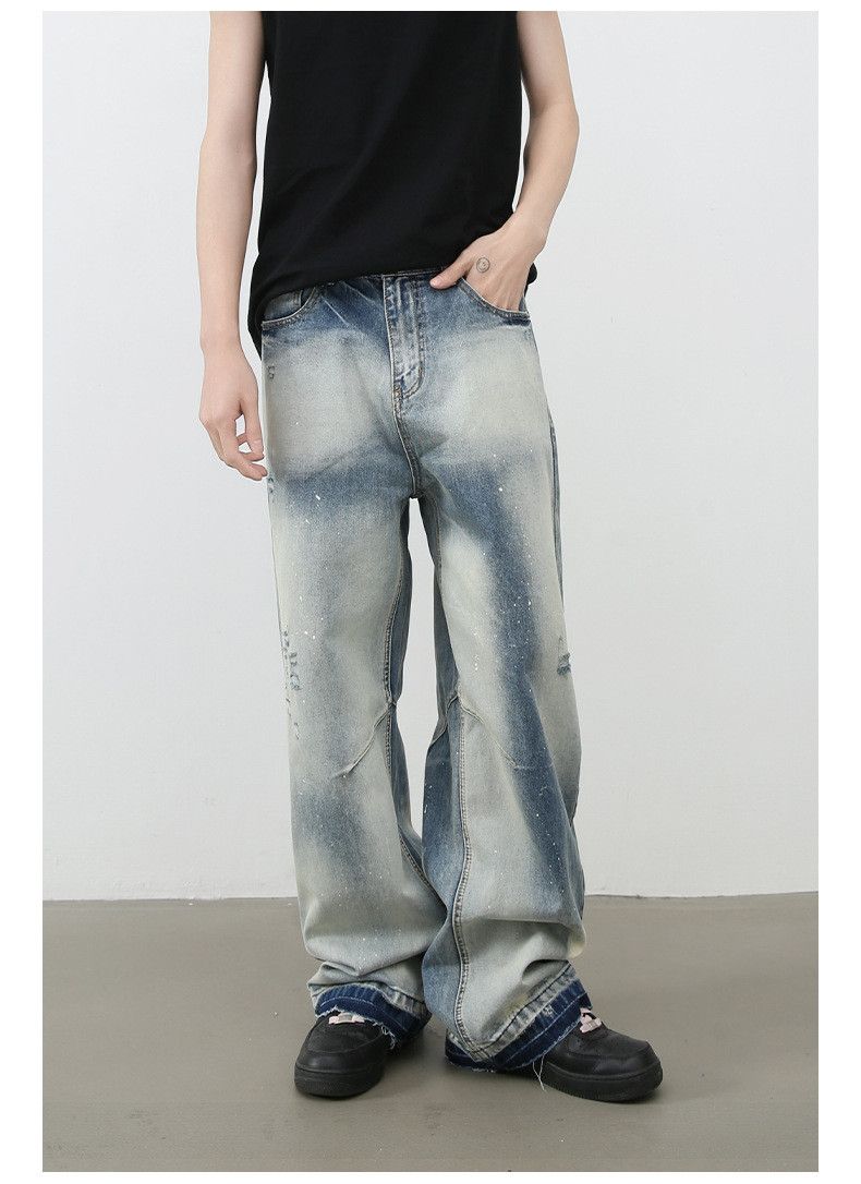American street trendy loose straight ripped raw-edge jeans