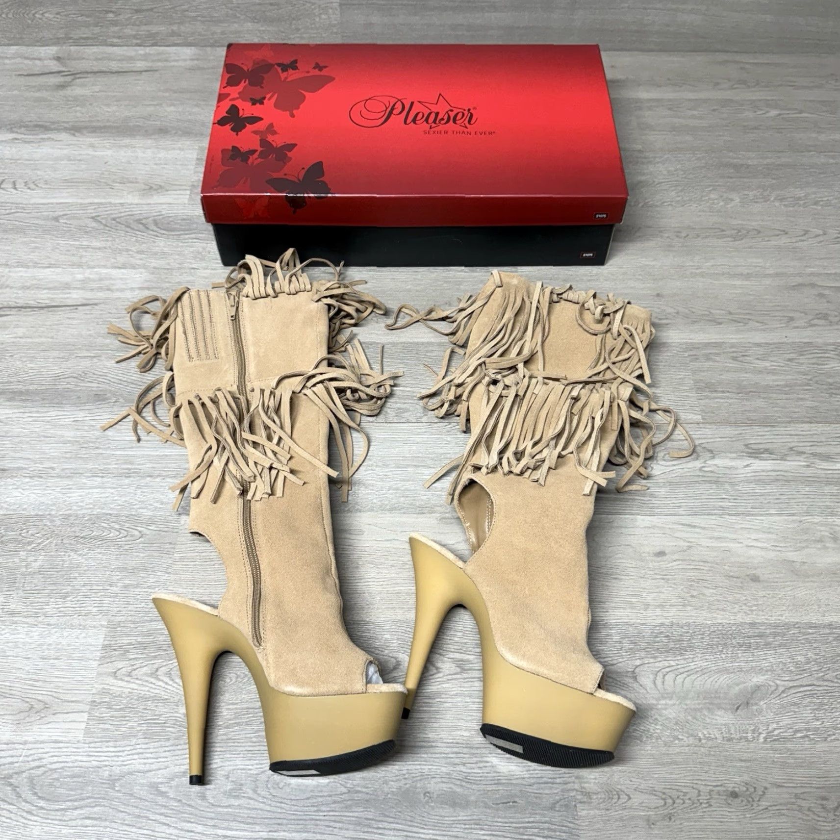 Pleaser Pleaser Delight-2019 Fringe Knee High Open Toe Platform Heels Tan Suede 8M Boots Womens Size US 8 / IT 38 - 2 Thumbnail