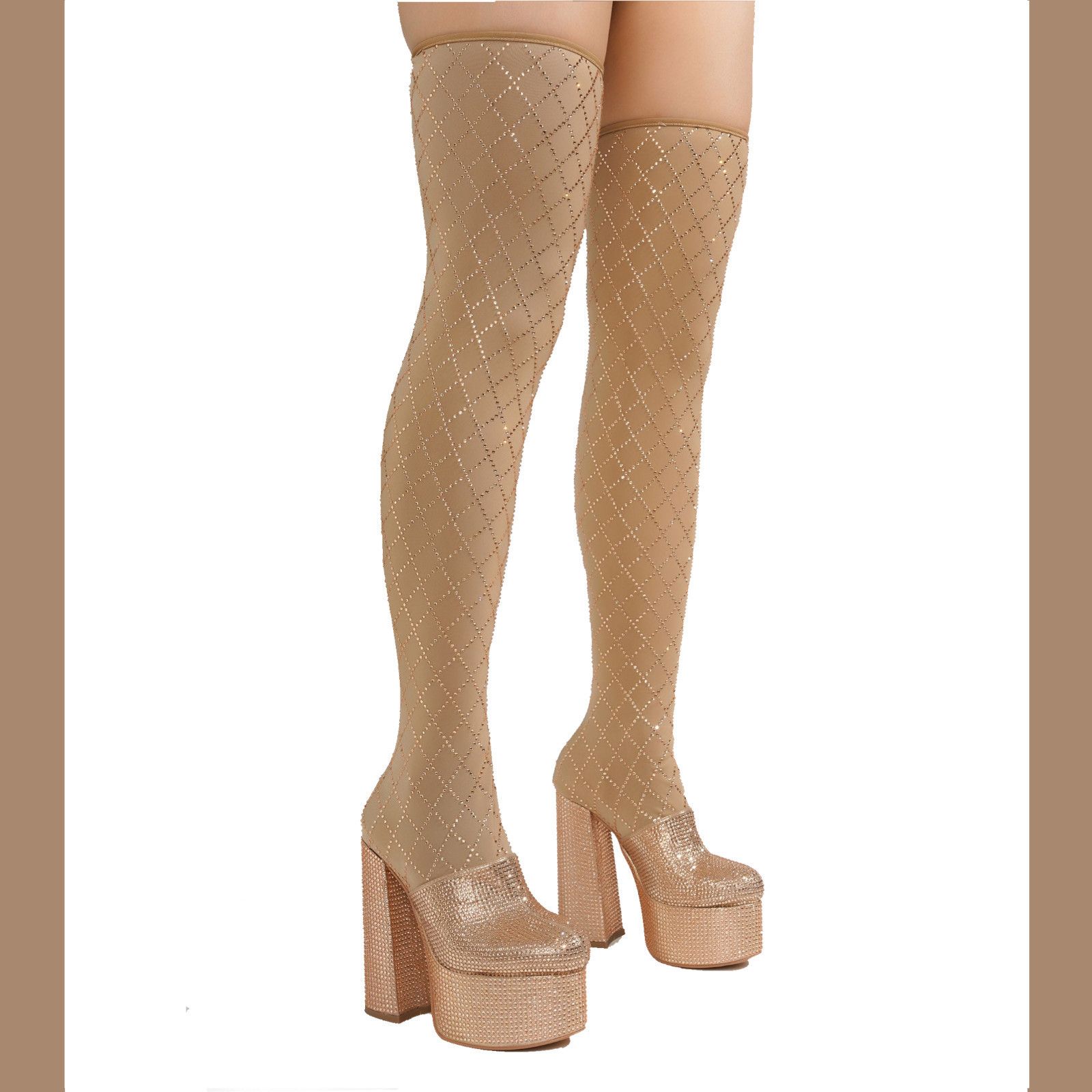 Other Diamonds Rose Gold Rhinestone Stretch Thigh High Chunky Heel Size US 6.5 / IT 36.5 - 4 Thumbnail