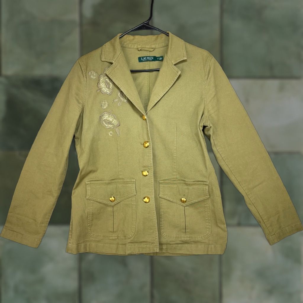 Lauren Ralph Lauren Military Jacket Women's 10 Embroidered Flowers Green Shirt?