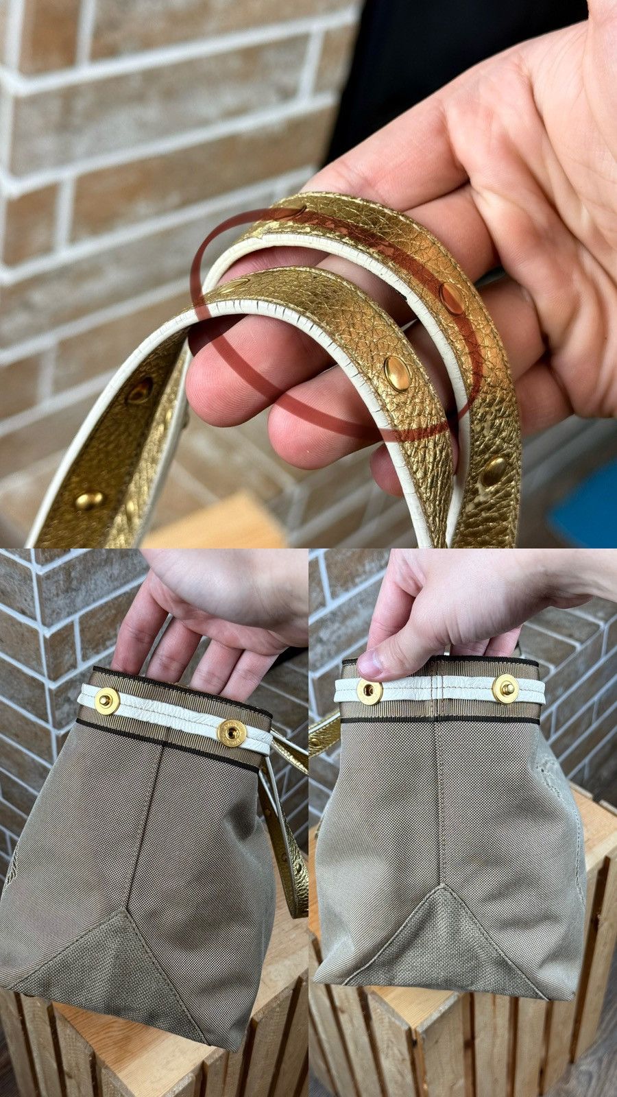 Prada Prada Brown Logo Jacquard Canvas Mettalic Gold Handle Bag Size ONE SIZE - 19 Thumbnail