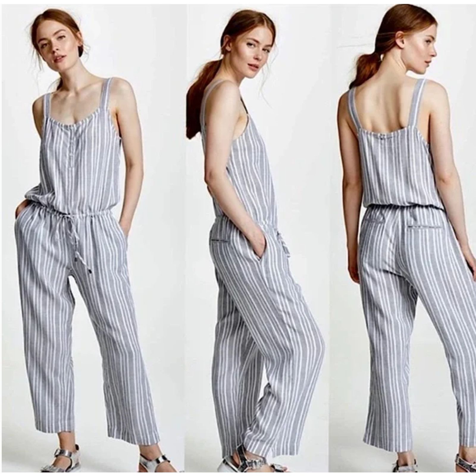 Rails Rails Brooklyn Porto Blue Grey Stripe Linen Blend Jumpsuit M Size 30" / US 8 / IT 44 - 1 Thumbnail