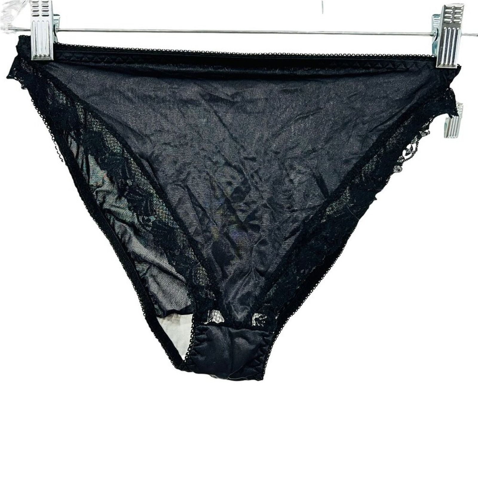 Vintage Black Nylon Semi Sheer High Leg Lace Bikini Panty, Women's