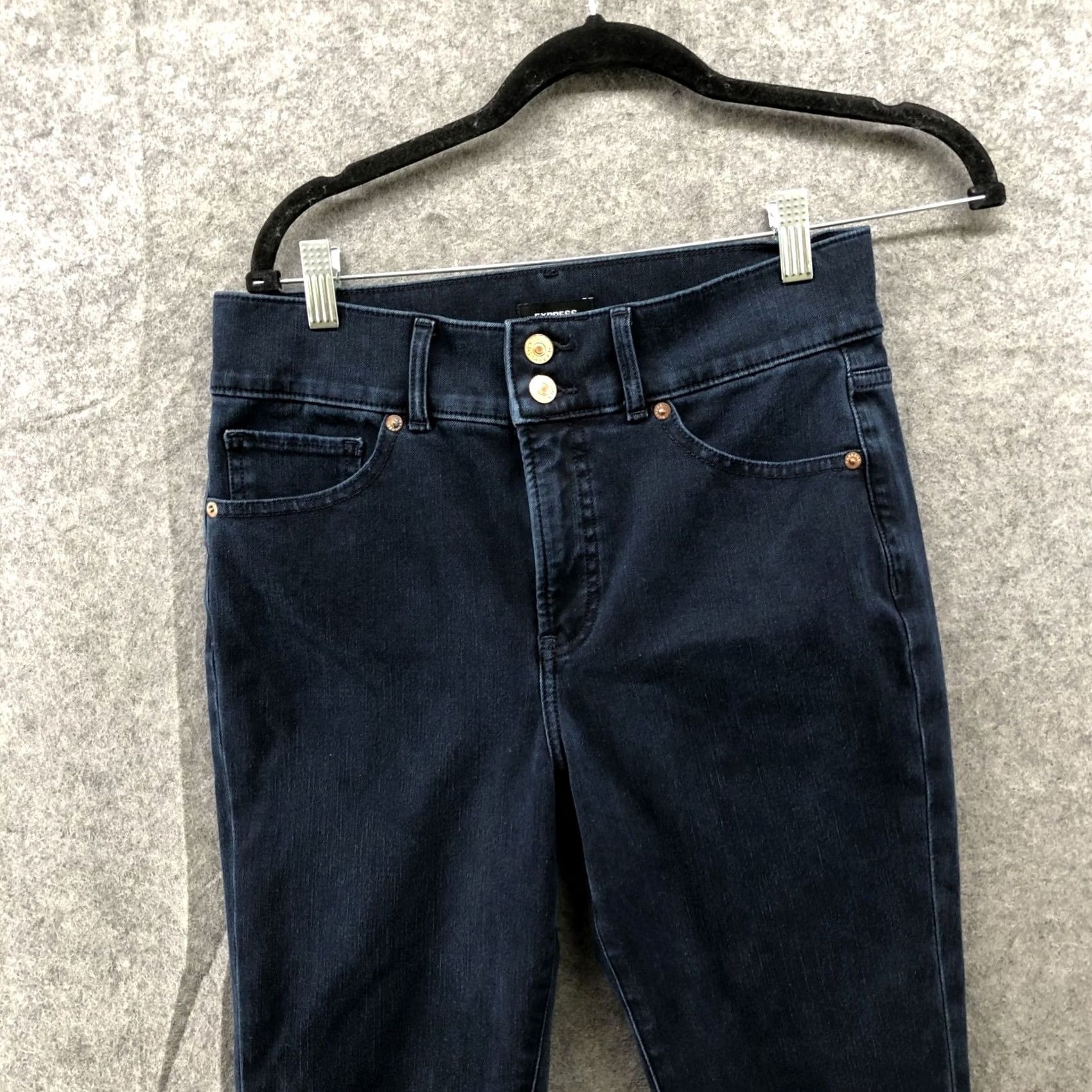Express Express High Rise Skinny Jean Womens Size 8L Dark Wash Blue Distressed Knee Size 30" / US 8 / IT 44 - 3 Thumbnail