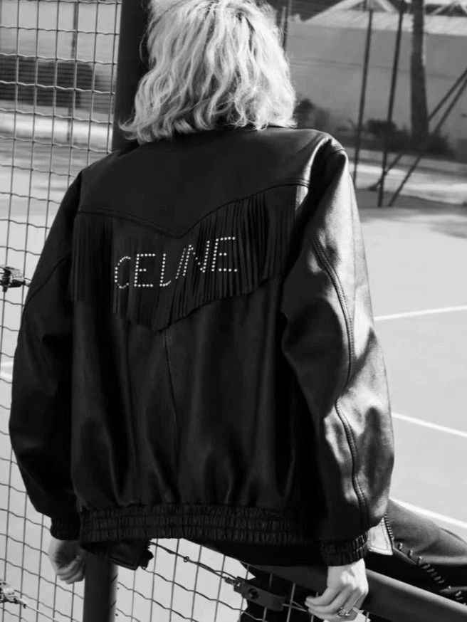 Celine Black Leather Jacket with Fringe & Embellished Back - S Size US S / EU 44-46 / 1 - 1 Thumbnail