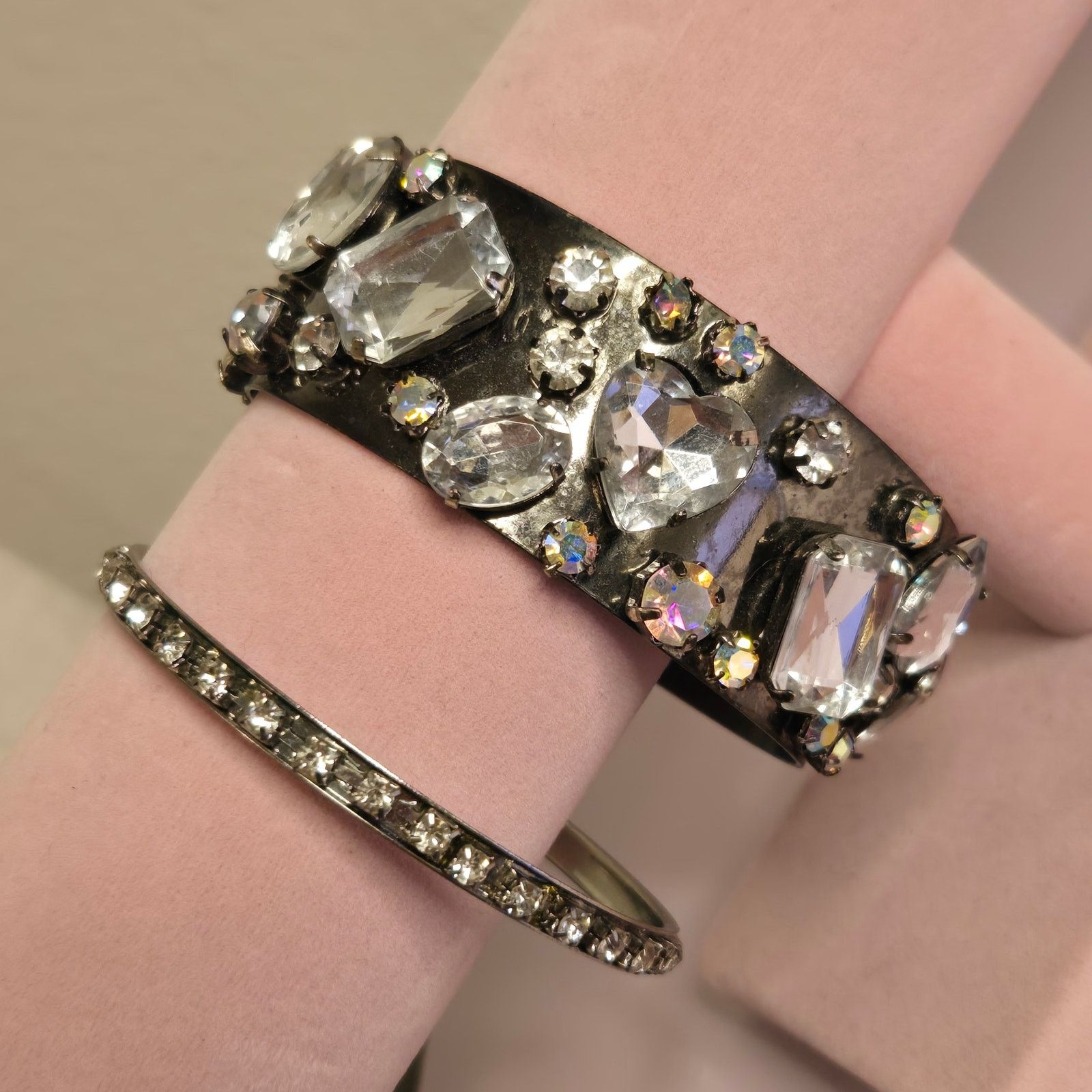 Vintage Clear Rhinestone Wide Bangle & Slender Tennis Bracelet Set Size ONE SIZE - 3 Thumbnail