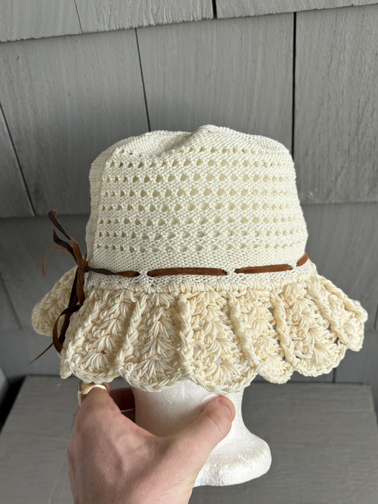 Handmade × Japanese Brand × Vintage Crochet Knit Bucket Hat 70s Vintage Sun Hat Lace Ribbon Mesh Size ONE SIZE - 6 Thumbnail