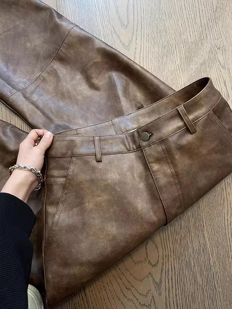 Leather Washed Brown Soft Pu Leather Pant Size US 34 / EU 50 - 7 Thumbnail