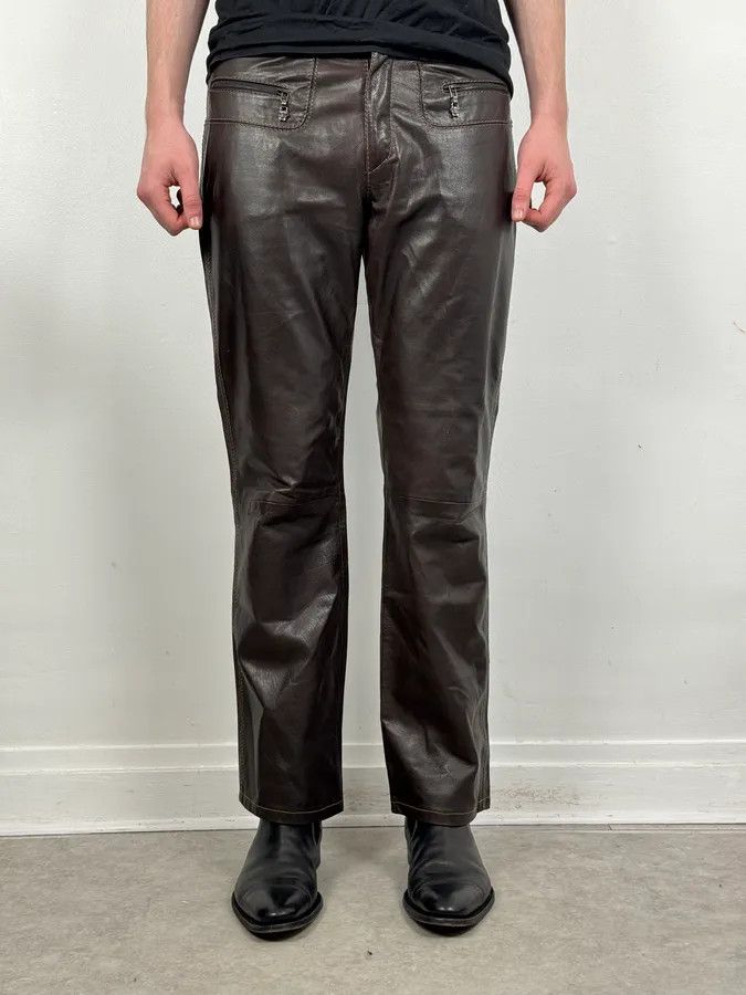 Vintage 1990s Gianni Versace Brown Leather Biker Pants Size US 32 / EU 48 - 2 Thumbnail