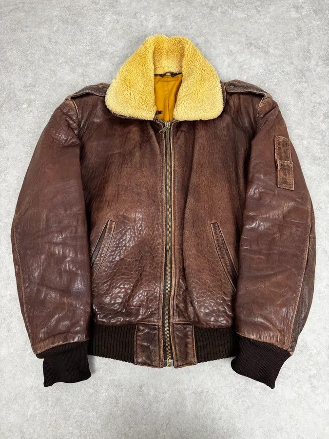 Vintage 1990s Archive Brown Fur Collar Aviator Bomber Leather Jacket Size US M / EU 48-50 / 2 - 1 Thumbnail
