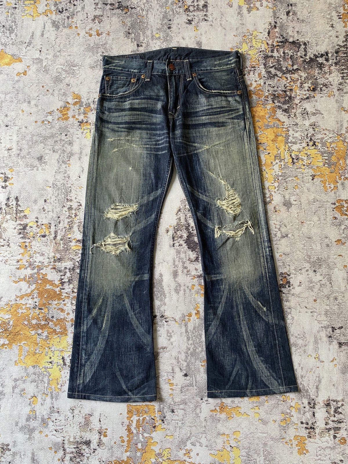 Japanese Brand Edwin 503 Blue Trip Claws Mark Distressed Flare Denim Size US 32 / EU 48 - 3 Thumbnail