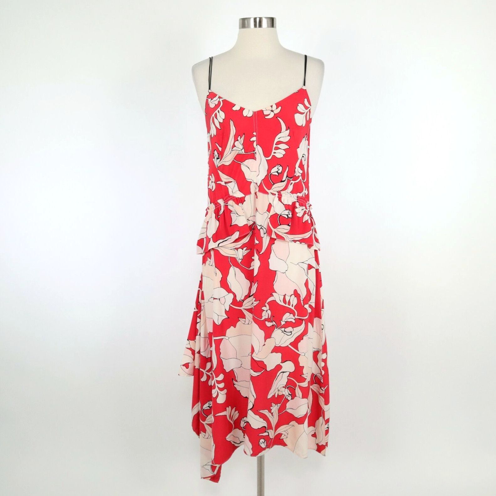 image of Derek Lam 10 Crosby Midi Dress Silk Womens 4 Floral Coral Red Ivory Black in White (Size Small)