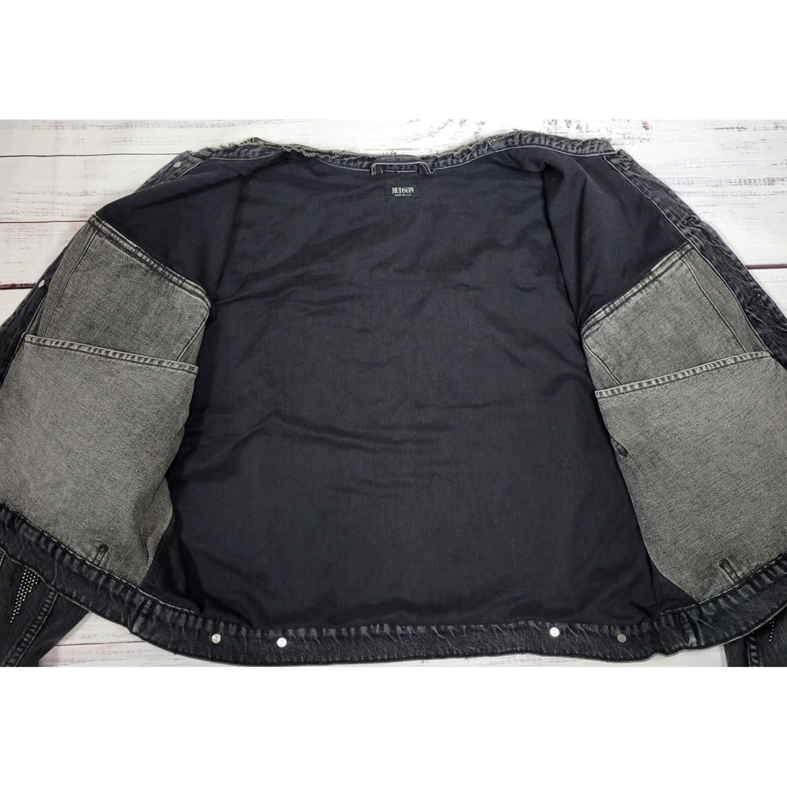 Hudson HUDSON Cropped Rock Studded Denim Jacket Women's Black Green Size L Distressed Biker Style Size L / US 10 / IT 46 - 6 Thumbnail