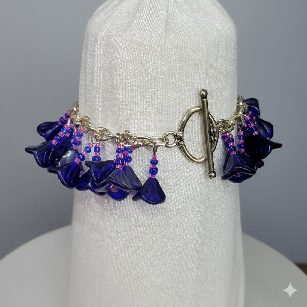 Handmade Charm Bracelet 7.25" Handmade Cobalt Blue Flower Czech Press Size ONE SIZE - 3 Thumbnail