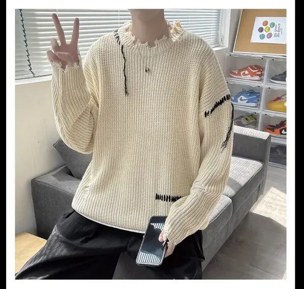 VIBE Korean fashion beige distressed knit sweater knitwear Size US L / EU 52-54 / 3 - 2 Thumbnail