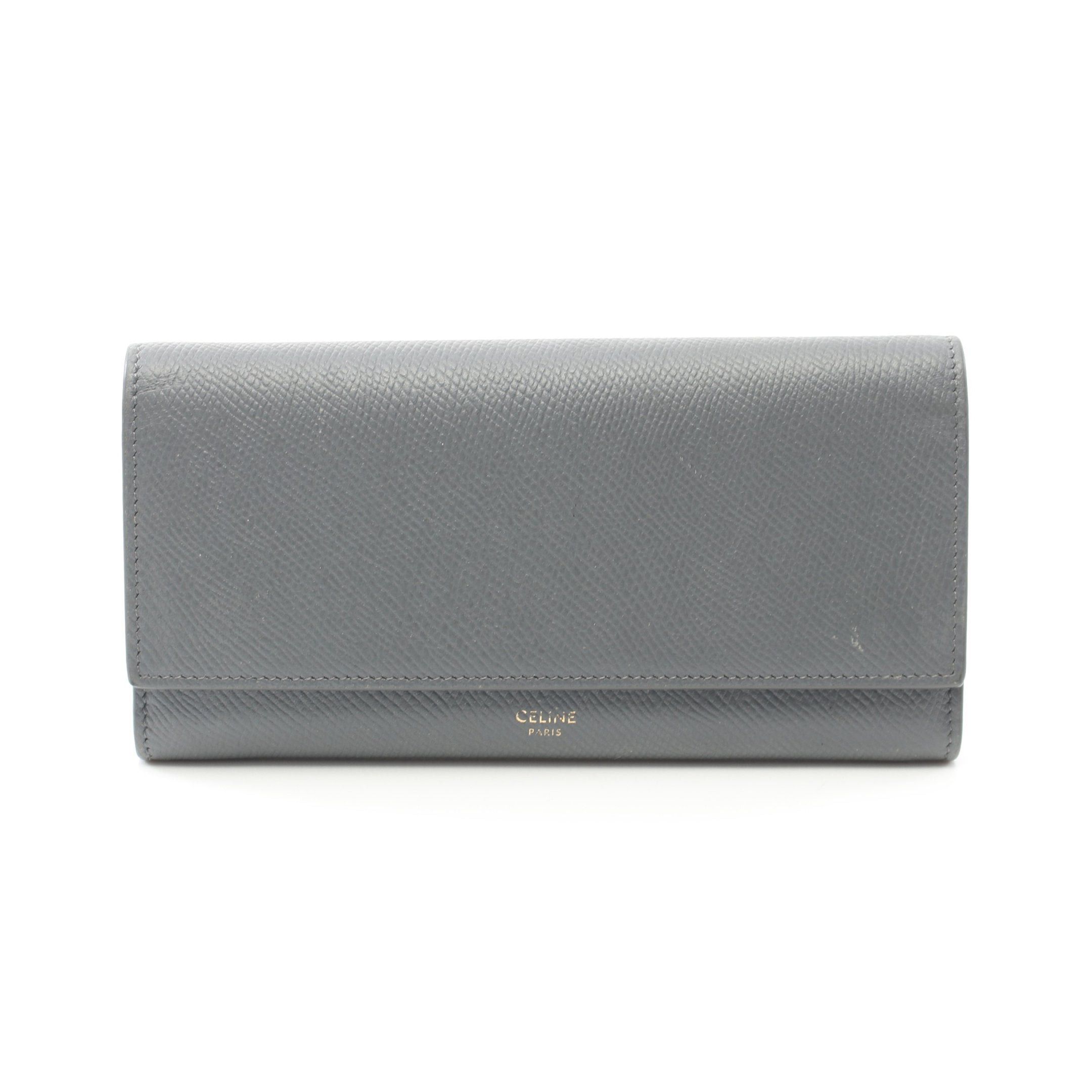 image of Celine Large Flap Wallet Bi-Fold Long Wallet Leather Gray in Grey, Women's