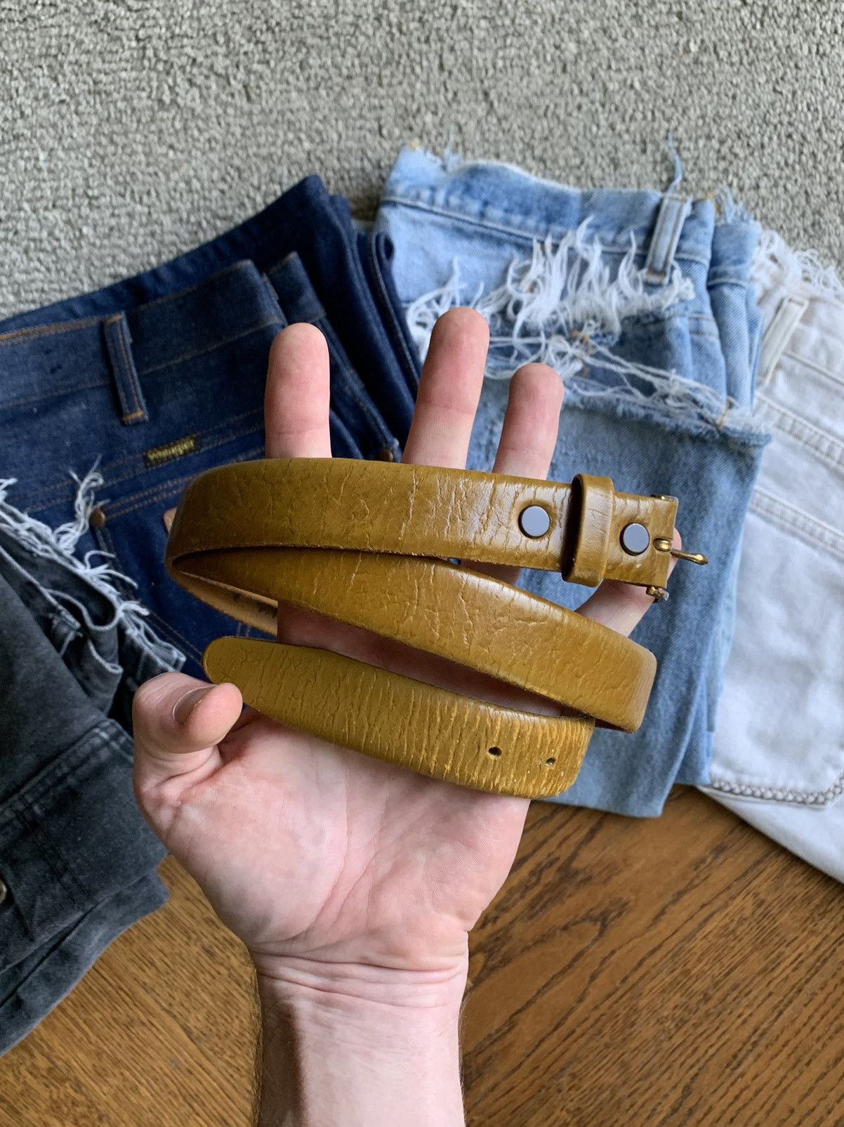 Other × Vintage Vintage Stag Grain Leather Belt 70s Deer Buckskin Odd Buckle Size ONE SIZE - 1 Thumbnail