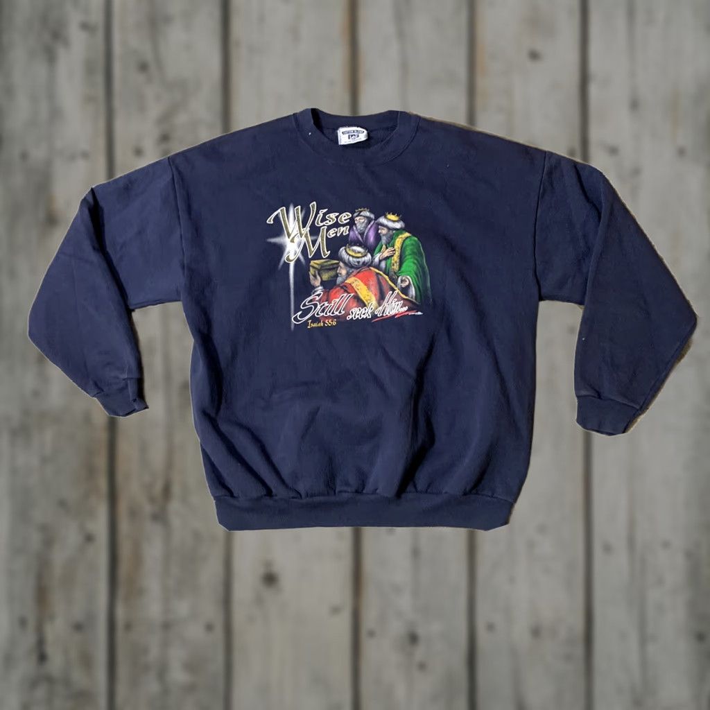 Lee VINTAGE 90s Lee Sweatshirt XL Blue Catholic Faith Isaiah 55:6 Mens Pullover Size US XL / EU 56 / 4 - 1 Thumbnail