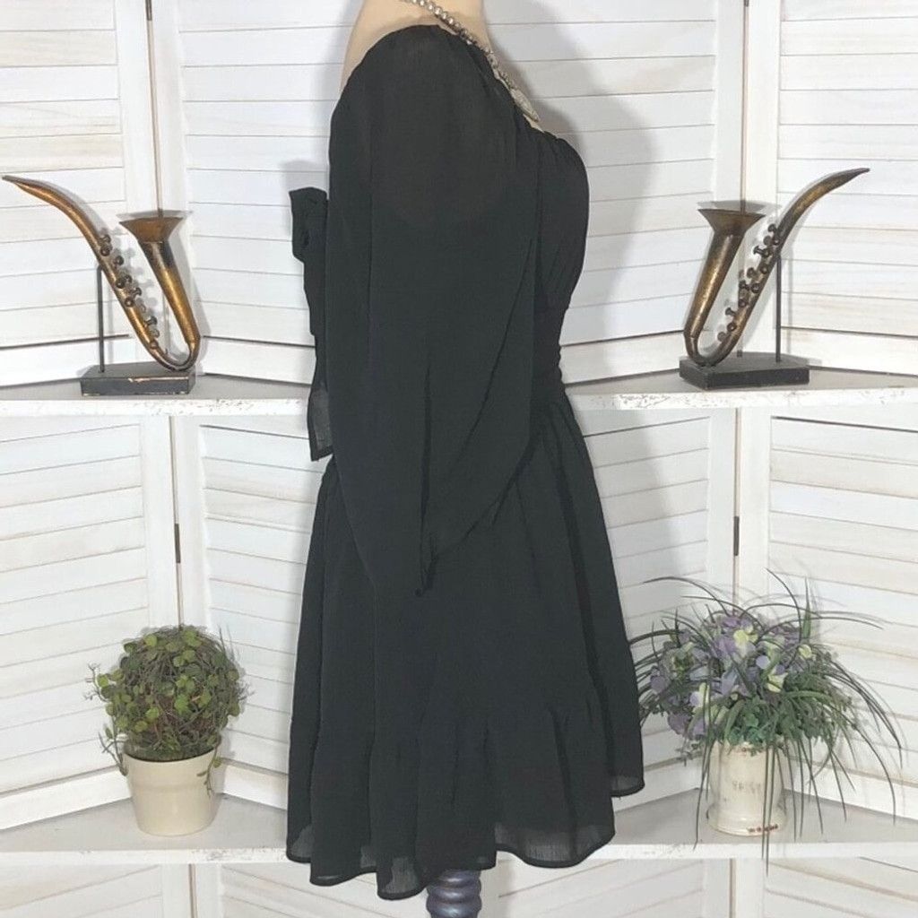 Vintage Cocktail Dress Lantern Sleeves Tie-Back Closure Black L NWOT Size L / US 10 / IT 46 - 4 Thumbnail
