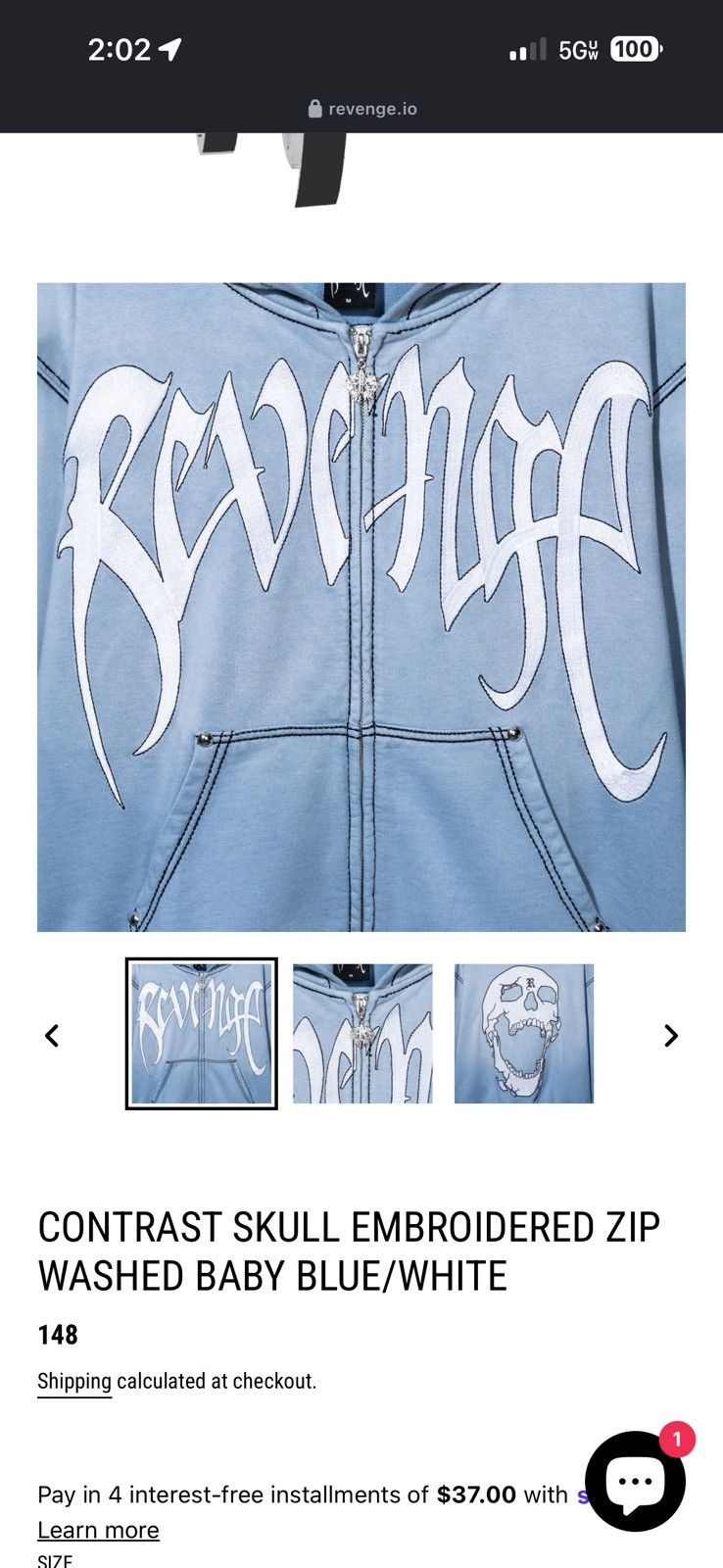 Revenge Revenge Contrast Skull Embroidered Zip Washed Baby Blue Size US L / EU 52-54 / 3 - 4 Thumbnail